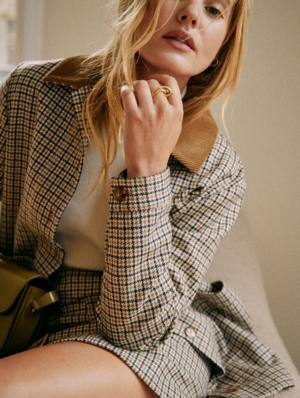 NWOT [Sezane] Will Jacket In Navy Ochre Houndstooth, Size M, Wool, Corduroy